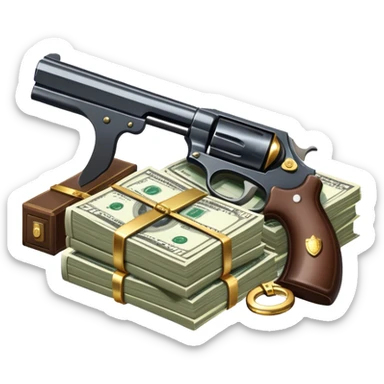 Icon for Action & Crime Reading: an open book, a revolver, handcuffs. Surrounding elements include a dark alley, a police badge, and a pair of sunglasses. The icon should evoke tension, suspense, and action. a stack of cash. Transparent background. sticker