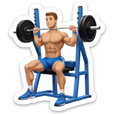 side-view bodybuilder in blue shorts seated weighted calf-raise machine on his tip toes sticker
