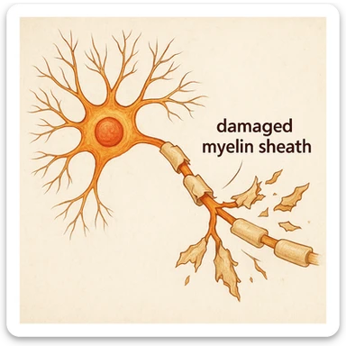 neuron showing damaged and fraying myelin sheath, clear breakdown, medical illustration style sticker