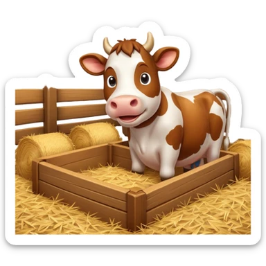 cute cow feeding scene inside a cow barn, wooden stable, hay bales, feeding trough, happy cow eating hay, warm farm lighting, 3D cartoon, mobile game icon style, clean background, no text, no watermark
 sticker