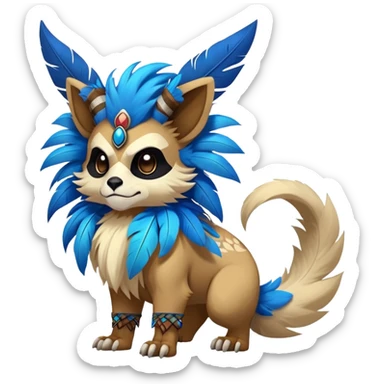 Furry cute colorful exotic tribal feral anime-styled Fakémon-Pokémon-animal-creature with a skull mask, and a feather-mane-collar, and blue feathers, with long furry ears, long furry tail, 4 legs, (full body) sticker