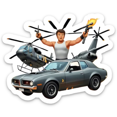 Icon for Action Movie: A vintage movie poster-style design featuring intense action scenes with explosions, weapons, and dramatic poses of Stallone. Include cars and helicopters flying out of flames in the background. Bold typography and retro cinematic style. Transparent background. sticker