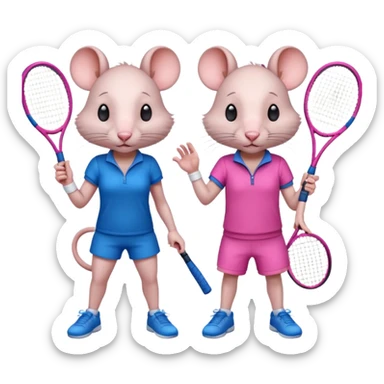 Make and female rat playing tennis one wearing blue tennis clothes and the other wearing pink sticker