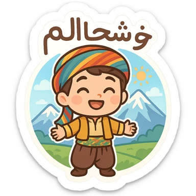 cartoon Kurdish sticker with Kurdistan mountain landscape, colorful and cheerful, with Kurdish text 'خۆشحاڵم', suitable for WhatsApp and Instagram, transparent background sticker