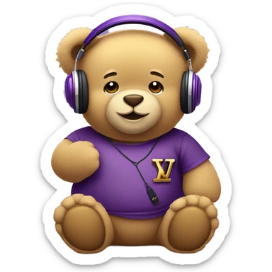 chubby cute teddy bear wearing gold headphones that has a cherry symbol on the left ear and wearing a purple Louis Vuitton shirt sticker
