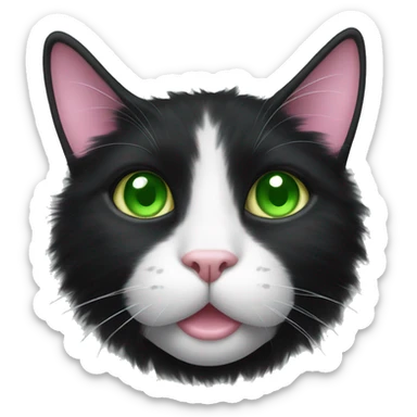 fluffy black tuxedo cat with green eyes and pink nose sticker