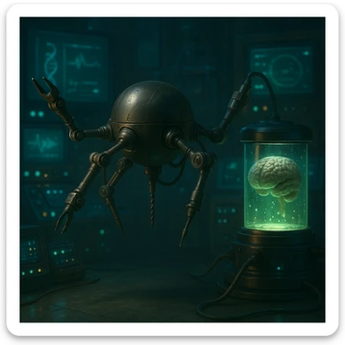 Lighten the genetics lab scene, add glowing scientific equipment and a brain floating in glowing green liquid. Make the scene more realistic with detailed lighting and reflections, emphasizing a realistic style with intricate light play and reflections. sticker