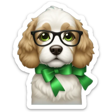 bege-and-white-dog-with-green-eyes-and-glasses-and-green-bow sticker