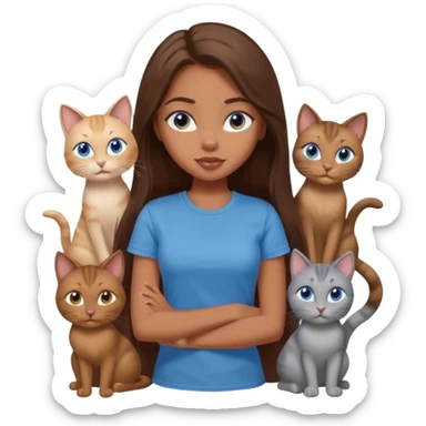 a pretty bratz dusky girl with long brown hair, blue eyes with six cats nd wearing a grey tshirt sticker