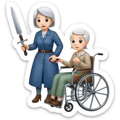 Woman with a knife in one hand, pushing with the other a wheelchair with an old man sticker