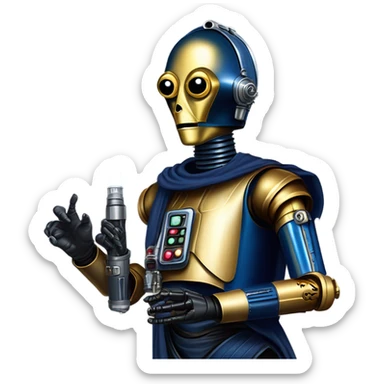 tough well-equipped jedi first order life-sized darkblue-pearl C3po as a friendly bounty hunter droid wearing a leather clothing old west duster coat holding light saber sticker