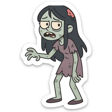 girl zombie with long black hair, cartoon style sticker