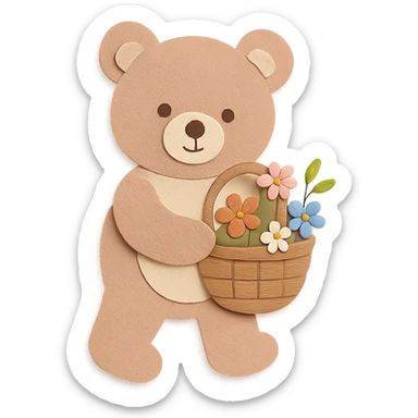 bear carrying a basket of wildflowers, soft pastel brown and cream, paper-craft style sticker