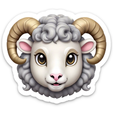 Cinematic Cute Ram Portrait Emoji, Head tilted playfully and inquisitively, featuring a dense, woolly grey fur with charming curled horns, round, sparkling dark eyes filled with curiosity, Simplified yet irresistibly adorable features, highly detailed, glowing with a warm, friendly glow, high shine, affectionate and spirited, stylized with a touch of rugged whimsy, bright and endearing, soft glowing outline, capturing the essence of a mischievous yet loving ram, so playful it feels like it could butt its way out of the screen and into your arms! sticker
