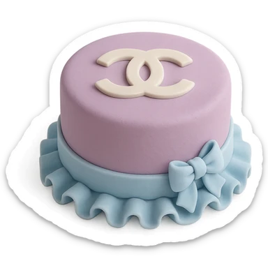 round Chanel cake in pastel lavender and baby blue, with a white edible logo on top, fondant cake art style sticker