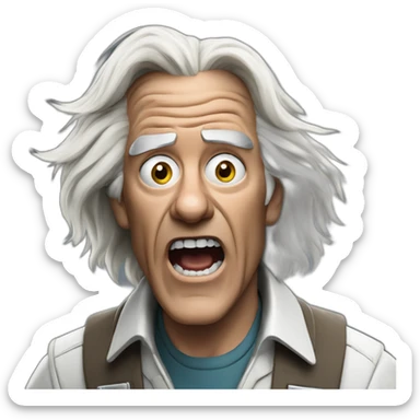 Doc brown from back to the future looking shocked and his mouth wide open. No eye-ware. Long hair sticker
