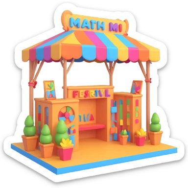 3D festival booth, vibrant colors, detailed decorations, interactive elements, lively atmosphere sticker