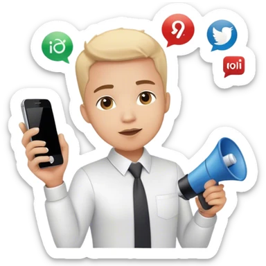 Emoji of a marketing professional: stylish look, holding a phone or megaphone, surrounded by social media icons or a growth chart sticker