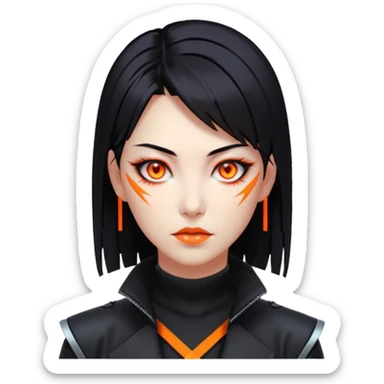 Cyberpunk Japanese woman, mid-50s looking young, sharp features, sleek black hair, glowing orange eyes, vengeful expression, neon highlights. sticker