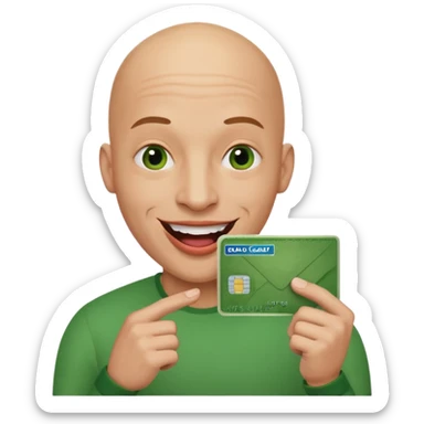 Bald man smiling with huge lips holding a green card  sticker