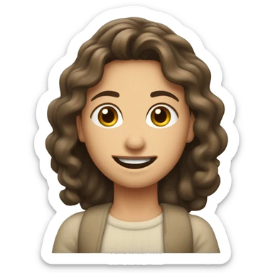 Crie um emoji personalizado com as seguintes características:Rosto redondo.Cabelos escuros e cacheados.Pele clara,mulher de 40 anos.Um sorriso largo e amigável. sticker