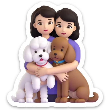 Woman with short black straight hair hugging a brown poodle and a white bichon frise sticker