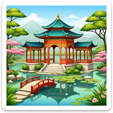 Oriental palace garden with pavilion and pond sticker