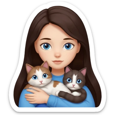 a girl with long dark 
brown hair, with blue eyes, hugs 3 different natural coloured cats sticker