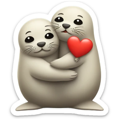 Hugging seals with little red heart emoji in the middle of them sticker