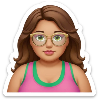 Baddie bratz girl with middle parted long wavy brown hair. green eyes. Plus size. pink tank top. Gold rimmed glasses sticker