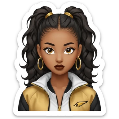 “black Emoji girl, fierce confident expression, sharp black winged eyeliner, bold brows, matte nude lips, long curled lashes, sleek high ponytail, gold hoop earrings, sporty streetwear jacket.” sticker
