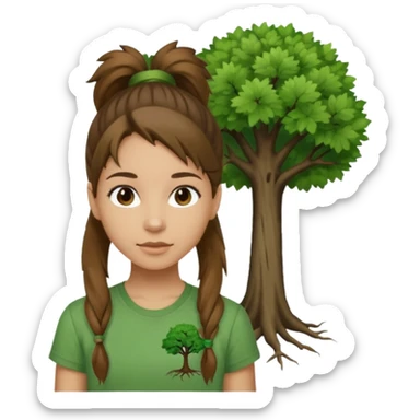 Make a zumba coach emoji, brown eyes, brown hair girl, green shirt with the "the roots" on it, longer pony tail hair, add tree logo on to the green shirt sticker