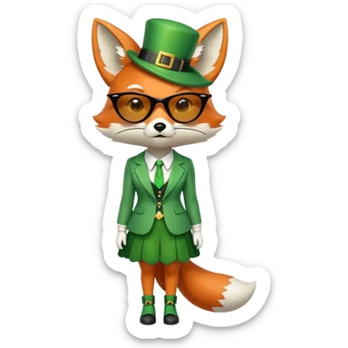serious anthropomorphised female fox in stylish St. Patrick's Day outfit with sunglasses, looking sad and alone, full-body view sticker