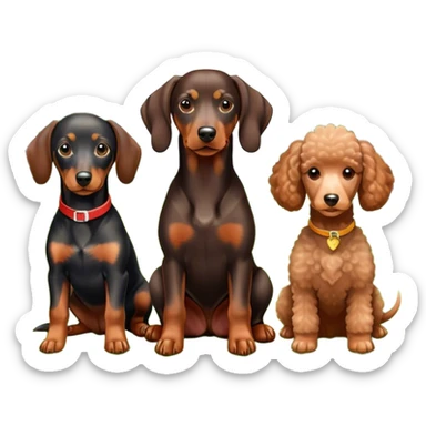 Close-up of a Doberman Pinscher, a Dachshund and a Poodle sitting together on lush green grass. The background features a beautiful, serene nature view with rolling hills and bright blue skies. The dogs' sleek coats shine under the sun. Transparent background. sticker