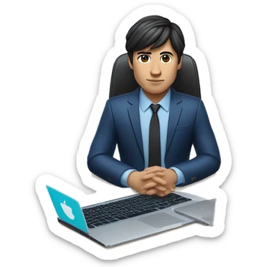 memoji of a young man with a laptop in front, apple-style, on laptop with a blue sticker with 4 letters: "WYZE", modern, dark hair, dark blue suit, computer in hand, chinese skin, sitting on this desk sticker
