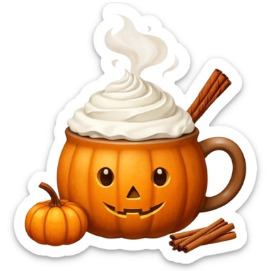 Steaming coffee Mug with whipped Cream and cinnamon Dust on Cream.  Small Punkin and 3 sticks of cinnamon next to mug sticker