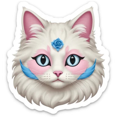 Neva masquerade cat, very fluffy, gray and white, with pale blue eyes and rose nose sticker