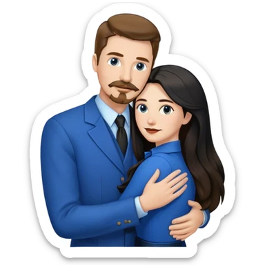 tall white man with brown hair goatee mustache hugging a pale woman with long black hair, wearing blue formal clothing sticker