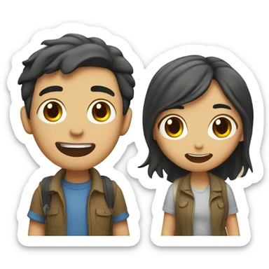 Cute Asian couple (girl with wavy long hair guy with short straight hair) excitedly traveling  sticker