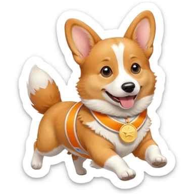 a corgi picking running a marathon with gold medal sticker