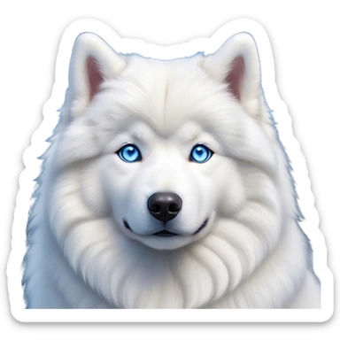 Cinematic Noble Samoyed Portrait Emoji, Poised and regal, with a majestic, sturdy build and a luxuriously fluffy pure white Fur, deep-set soulful blue eyes, Simplified yet sharp and sophisticated features, highly detailed, glowing with a soft, dignified glow, high shine, intelligent and gentle, stylized with an air of elegance, focused and attentive, soft glowing outline, capturing the essence of a watchful and confident companion, so majestic it feels as though it could bound out of the screen with effortless authority! sticker
