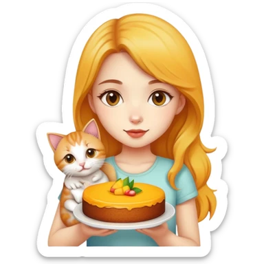 Beautiful girl holding a mango cake and a kitten sticker