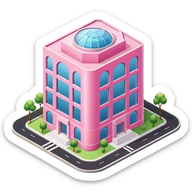 isometric style large pink building or bank with tall rectangular windows and round groundplan, emoji style, more glass emphasis sticker