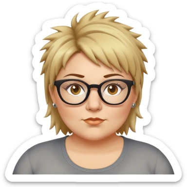  plus size white women with short light brown and blonde shaggy spiked hair wearing glasses with hazel color eyes and flat nose sticker
