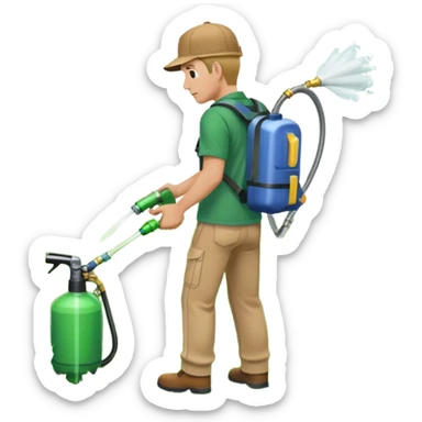 man with a emerald green shirt and tan pants on with backpack chemical sprayer on his back with the hose in his hand pointed downwards at bright green grass sticker