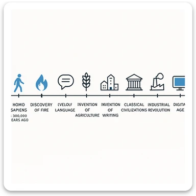 Minimalist horizontal timeline infographic of human existence from Homo sapiens (~300,000 years ago) to present, featuring major milestones: emergence of Homo sapiens, discovery of fire, development of language, invention of agriculture, rise of first cities, invention of writing, classical civilizations, industrial revolution, moon landing, digital age. Each milestone represented by a simple flat icon, monochrome with blue accent, modern sans-serif labels, clean spacing, clean and modern design. sticker