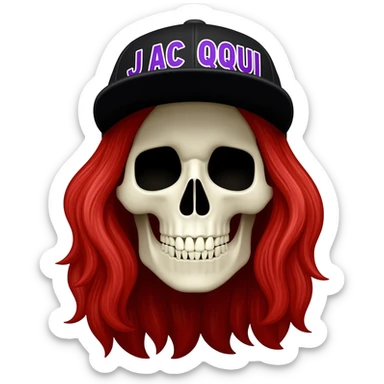 Create a skeleton head wearing a black baseball cap that says " J A C Q U I " in purple, and white lettering, with long red hair sticker