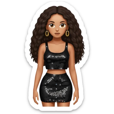 Solange with dark brown long hair, black sequin crop top and skirt sticker