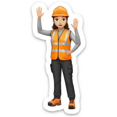 female, orange, hi-vis vest, dark trousers, shoes, hand raised sticker