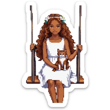 beautiful girl with curly long brown hair in a white dress holding an Abyssinian cat with reddish-brown fur, sitting on a swing sticker